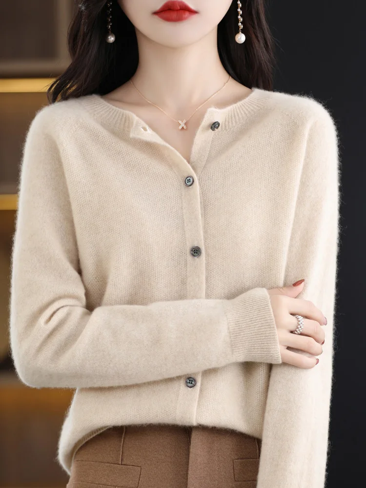 New Fashion Spring 100% Merino Wool Womens O-neck Cardigan Cashmere Sweater 2024 Female Clothing Grace Knitwear Korean Tops - Image 19