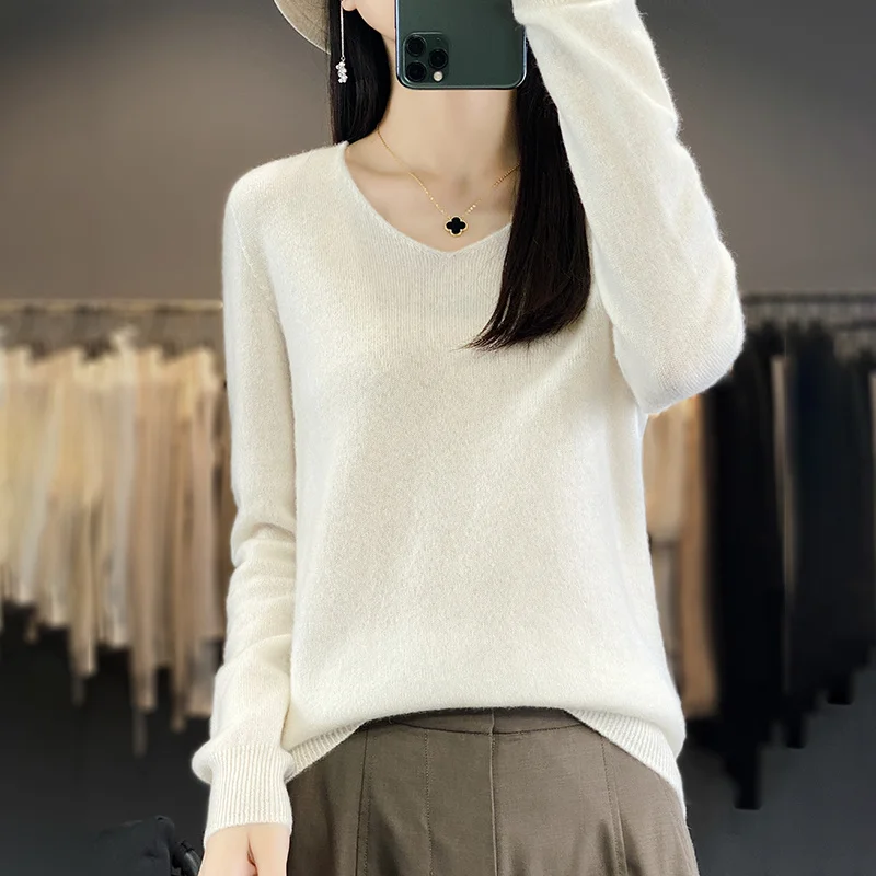 Women 100% Merino Wool Sweater V-Neck Basic Pullover Autumn Winter Cashmere Clothing Long Sleeve Soft Knitwear Tops Solid Color - Image 21