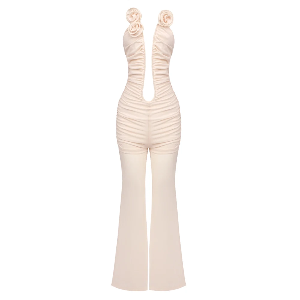 VC Romantic Floral Mesh Jumpsuit Deep V Plunge 3D Flowers Open Back Sleeveless Wide Leg Rompers Night Club Party Cocktail Outfit - Image 7