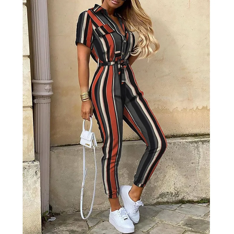 Women's Monochrome Jumpsuit 2024 Spring/Summer Comfortable Casual Flip Collar Printed Belt Work Dress Women's Jumpsuit - Image 8