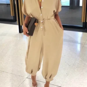 Women's Spring Summer New Fashionable Leopard Pattern Jumpsuit Retro Women's Short Sleeve Button Casual Pants Loose Large Size