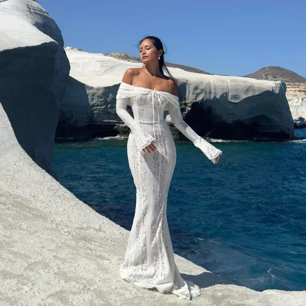Suninheart White Off The Shoulder Bodycon Dress 2024 New in Flare Sleeve Elegant Lace Maxi Dress Wedding Guest Dress for Women - Image 3