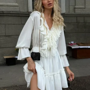 Tossy Ruffled V-Neck White Mini Dress Female Patchwork Long Sleeve Elegant Bandage Fashion Dress High Waist Lace-Up Women Dress