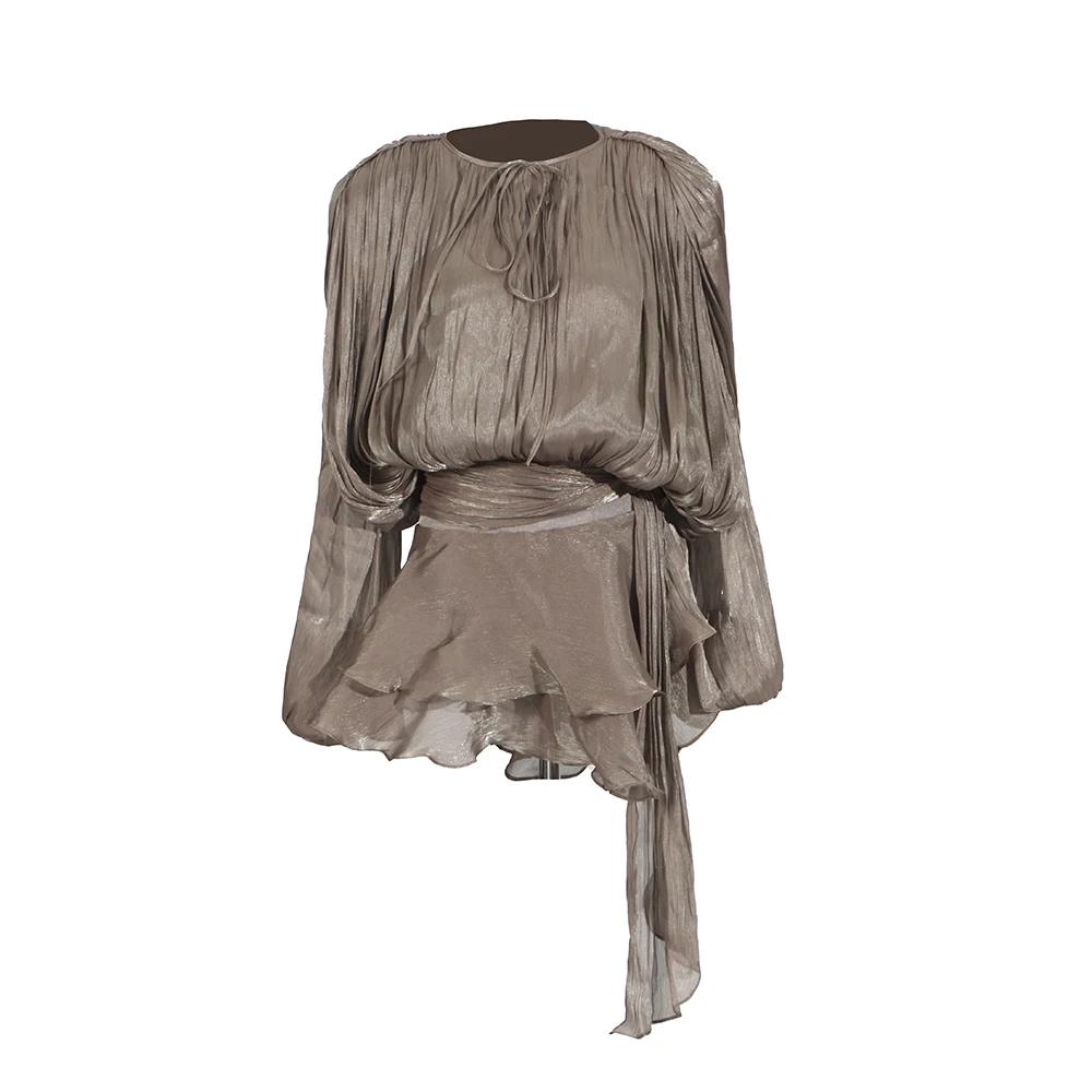 TWOTWINSTYLE Solid Patchwork Lace Up Blouse Mini Dresses For Women V Neck Long Sleeve Sweet Style Dress Female Clothing Fashion - Image 19