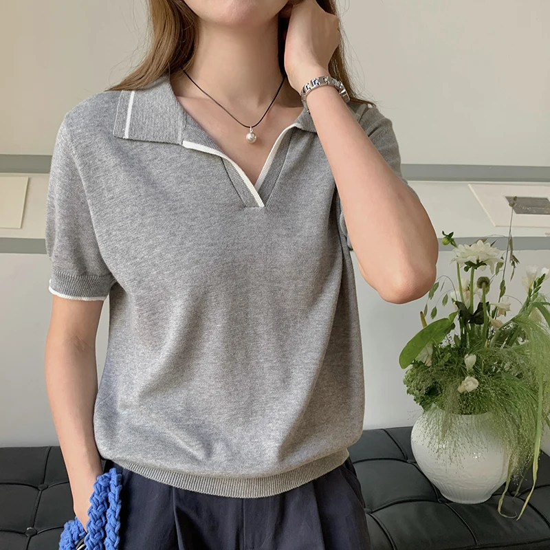 Pure Cotton Knitted Short Sleeved T-shirt for women's Summer 2025 New Fashionable and Stylish Small V-neck Polo Shirt Tops - Image 3