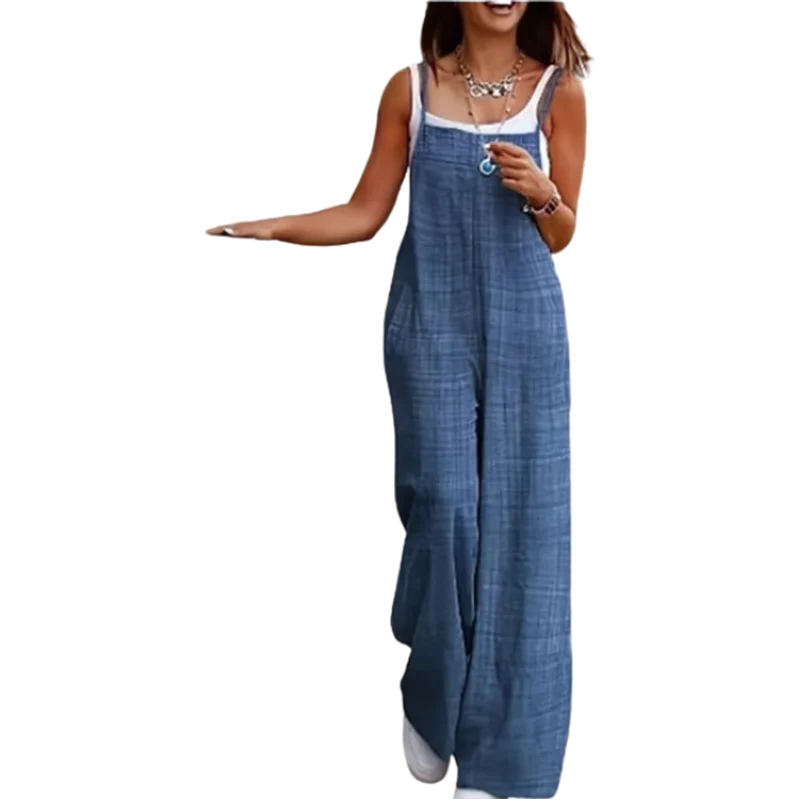 Women's Sleeveless Jumpsuit with Suspender Loose Casual Pocket Monochromatic Summer - Image 5