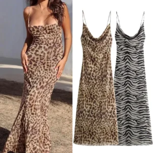 TRAF Leopard Print Tulle Slip Dress Woman Backless Summer Long Dresses For Women Vintage Sexy Party Dresses Midi Holiday Dress