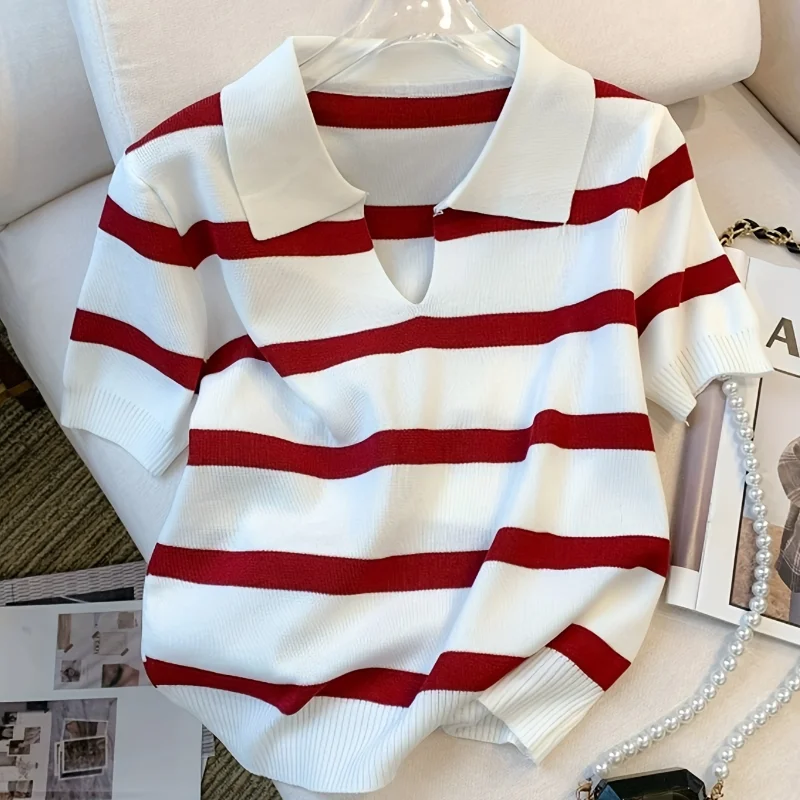 2024 New Striped Pattern Collared Sweater Versatile Short Sleeve Knitted Top For Spring & Summer Women's Clothing Crop Top - Image 10