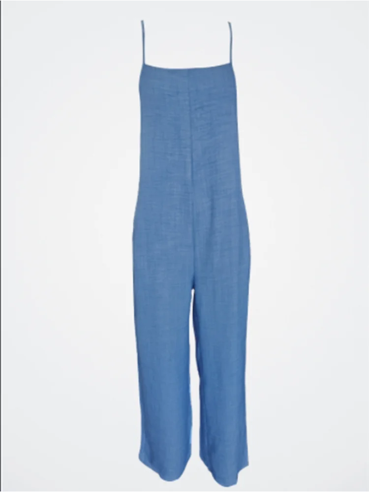 Women's Sleeveless Jumpsuit with Suspender Loose Casual Pocket Monochromatic Summer - Image 3
