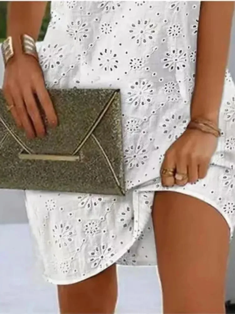 Elegant Dresses V-Neck Eyelet Embroidery Tied Detail Sleeveless Mini Straight Dress Vacation Fashion Summer Dress - Image 2