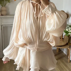 TWOTWINSTYLE Solid Blouse Mini Dresses For Women V Neck Long Sleeve Spliced Lace Up Sweet Style Dress Female Clothing Fashion
