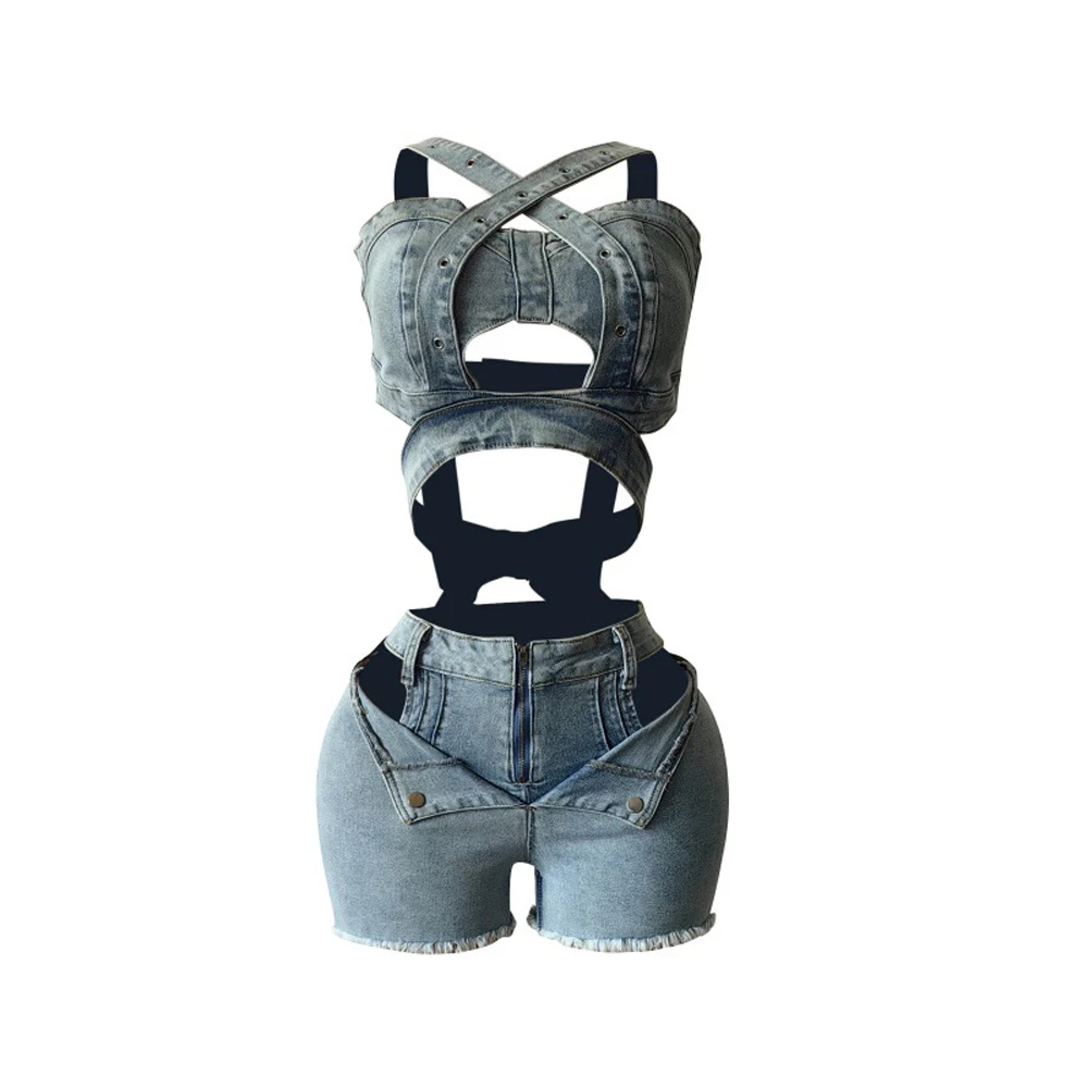 Sexy Jean Women Short Sets Straps Denim Crop Top and Cut Out Shorts Set 2025 Summer Clothes Streetwear Two 2 Piece Club Outfits - Image 9