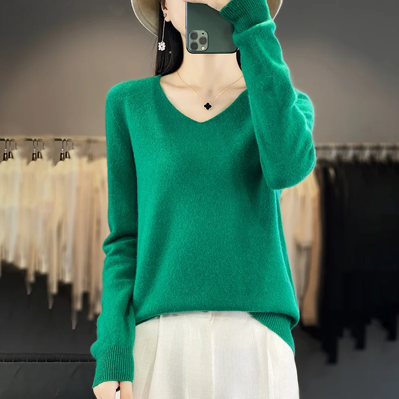Women 100% Merino Wool Sweater V-Neck Basic Pullover Autumn Winter Cashmere Clothing Long Sleeve Soft Knitwear Tops Solid Color - Image 7