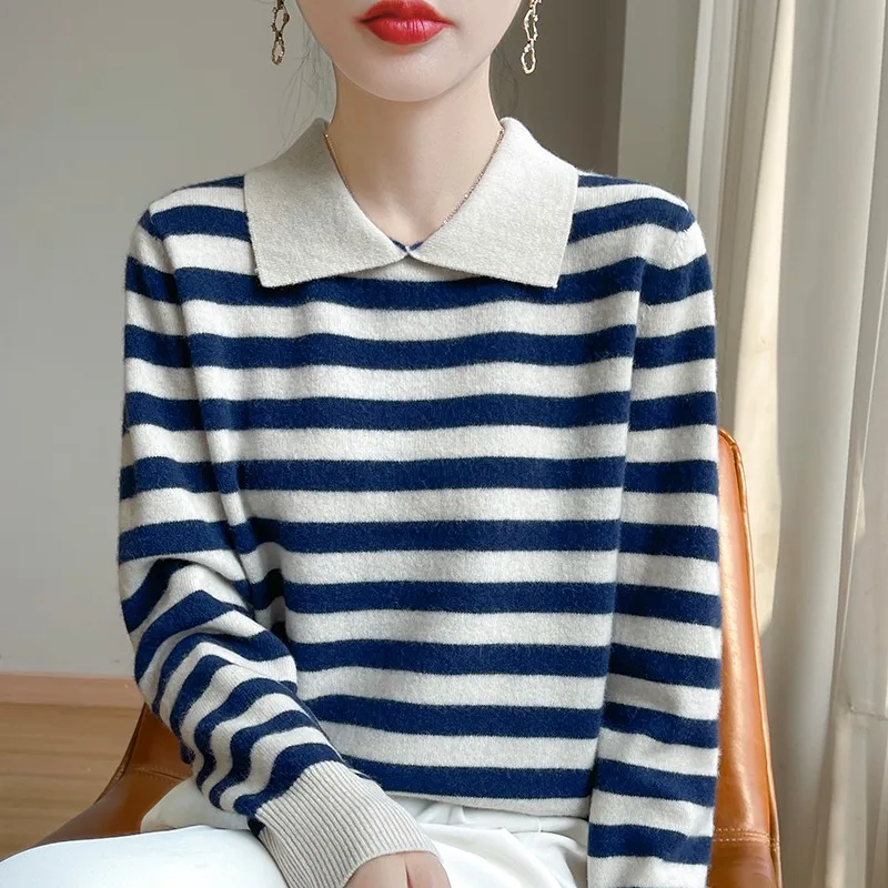 Autumn Winter Woman 100% Merino Wool Sweater POLO Collar Pullover Colorful Stripes Knitwear Bottoming Clothing Long Sleeve Tops - Image 3