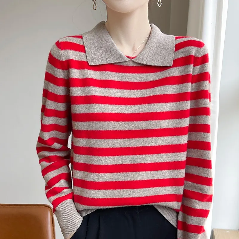 Autumn Winter Woman 100% Merino Wool Sweater POLO Collar Pullover Colorful Stripes Knitwear Bottoming Clothing Long Sleeve Tops - Image 2