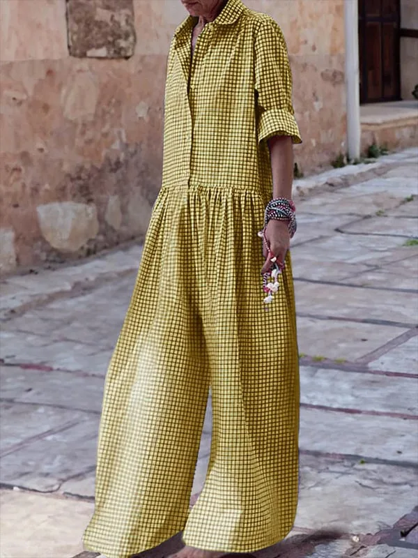 Loose Casual Plaid Print Jumpsuit Fashion Lapel Single Breasted Half Sleeved Wide Leg Jumpsuit Spring Summer Fashion Lady New - Image 8