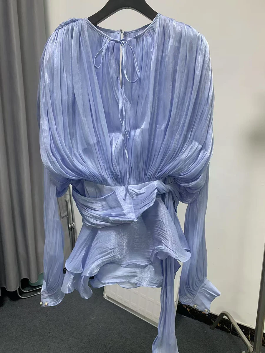 TWOTWINSTYLE Elegant Ruched Mini Dress For Women Round Neck Lantern Long Sleeve High Waist Temperament Dresses Female Fashion - Image 13