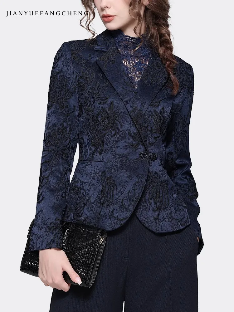 Elegant Suit Collar Women' Dark Blue Jacquard Blazer Elegant Slim Short Female Autumn Winter Coat Jacket Office Ladies Tops - Image 3