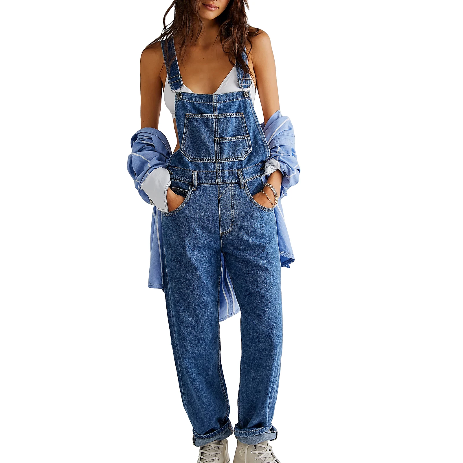 Casual Women Summer Vintage Retro Denim Long Jumpsuit Spaghetti Strap Straight Romper Pants Baggy Bib Overalls Jumpsuits - Image 8