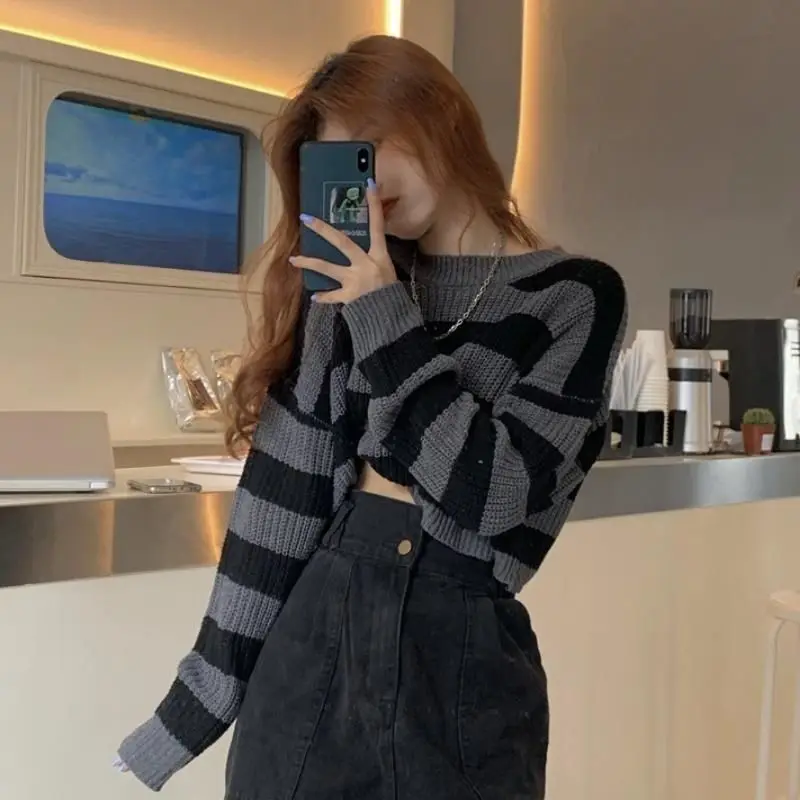 ZMZBCH Korean Style Autumn Striped Cropped Sweater Women Vintage Oversize Knit Jumper Female Long Sleeve O-neck Pullovers Tops - Image 5