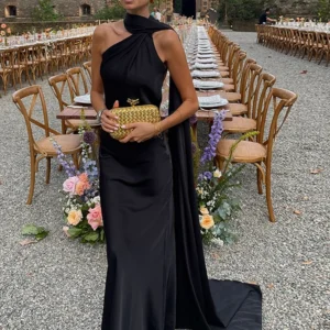 Elegant Ribbon Satin Long Party Dress Women Solid Sleeveless Backless Female Dresses 2025 Spring Summer Lady Chic Evening Gowns