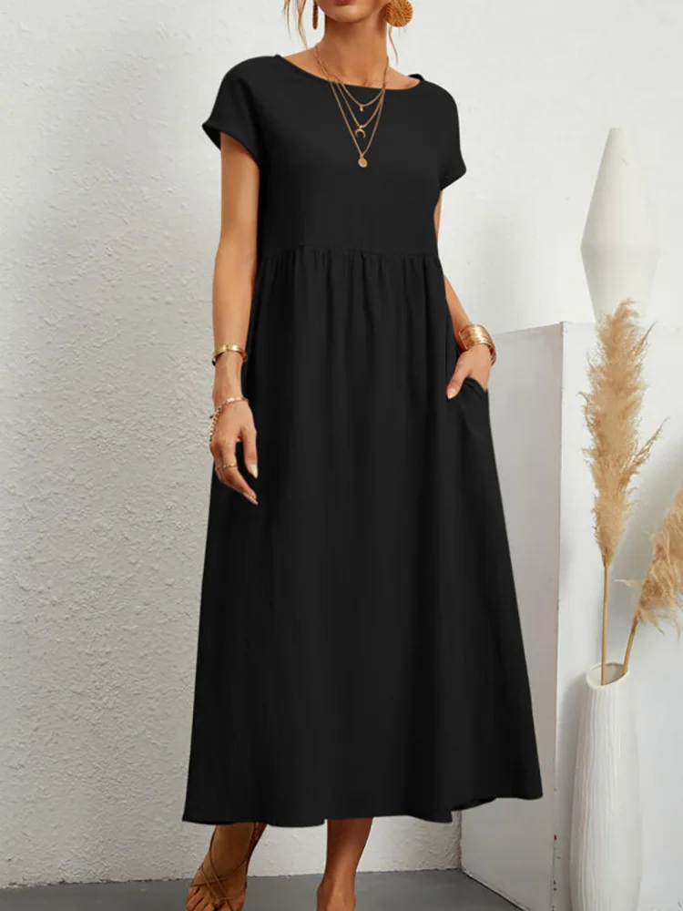 Women Vintage Solid Dress 2023 Summer Elegant O Neck Short Sleeve Cotton Linen Dresses Female Casual Loose Sundress Long Dress - Image 5