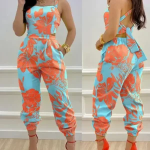 Women Printed Letter Jumpsuits Sleeveless V Neck Suspenders Backless High Waist Trousers Overall Rompers Pockets One Piece