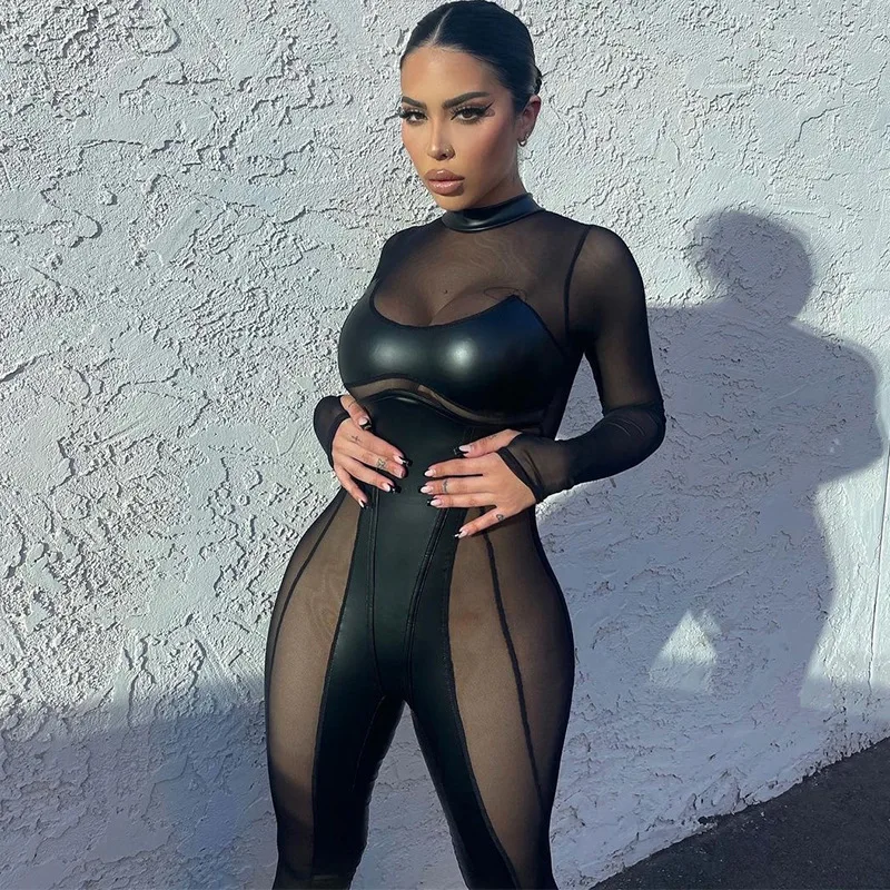 BKLD Fall Outfits Women 2025 New Fashion Stitching Mesh Round Neck Back Zipper Long Sleeve Bodycon Jumpsuit Black One-Pieces