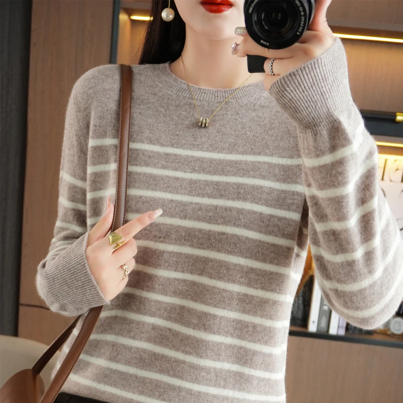 Spring Women's Pullover Sweater Striped Two-Color Sweater Long Sleeve Crewneck New 100% Cotton Pullover Sweater For Women-SMY257 - Image 2
