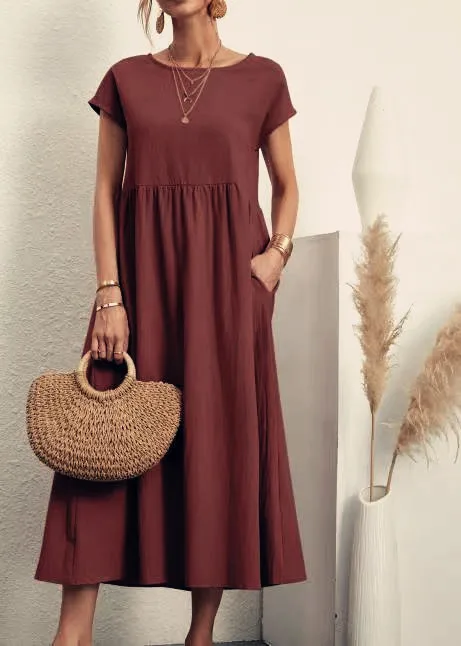Women Vintage Solid Dress 2023 Summer Elegant O Neck Short Sleeve Cotton Linen Dresses Female Casual Loose Sundress Long Dress - Image 12