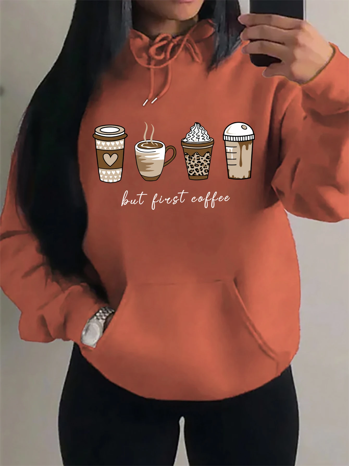 But First Coffee Cartoons Coffee Drinks Pattern Hoodies Fashion Warm Hoody Casual Trendy Sweatshirt Street Women Pullovers - Image 11