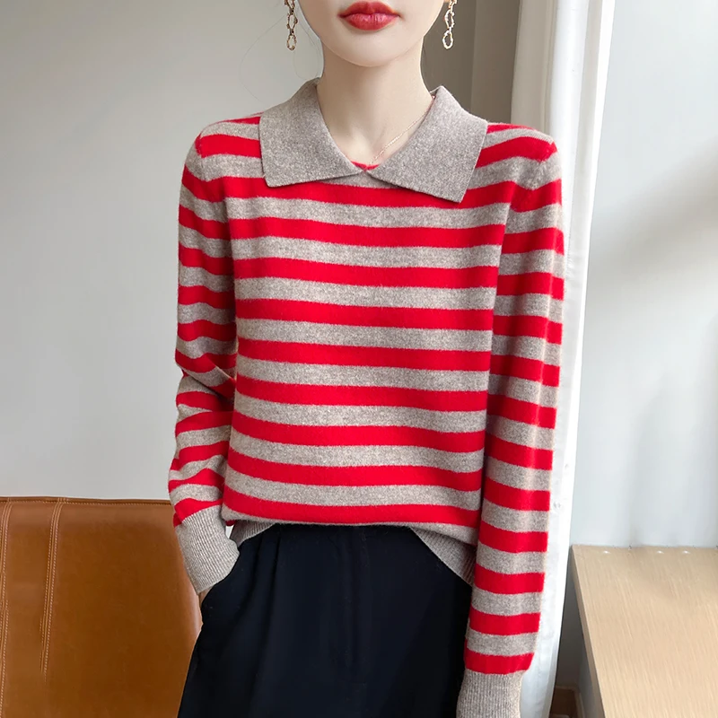Autumn Winter Woman 100% Merino Wool Sweater POLO Collar Pullover Colorful Stripes Knitwear Bottoming Clothing Long Sleeve Tops - Image 6