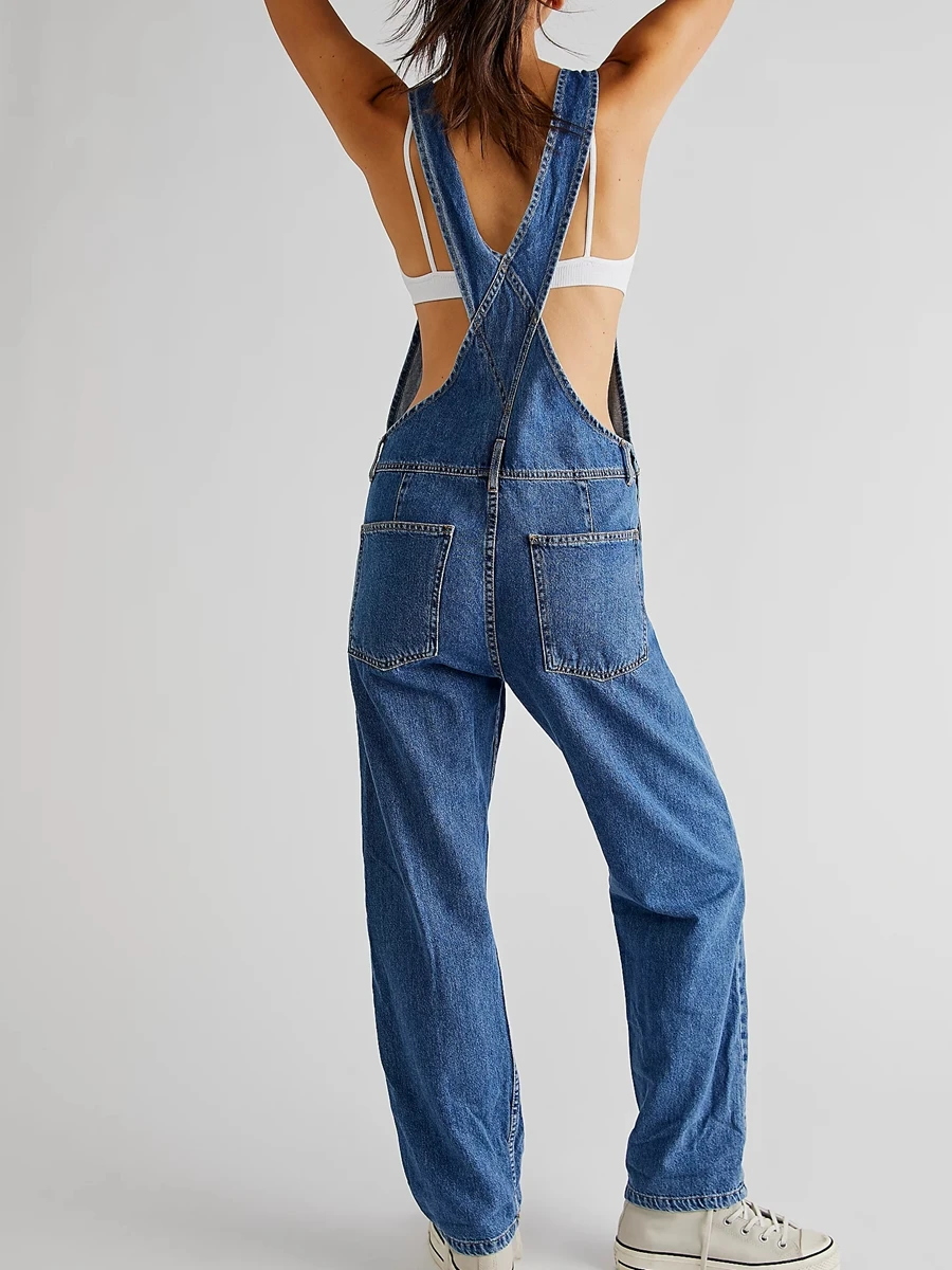 Casual Women Summer Vintage Retro Denim Long Jumpsuit Spaghetti Strap Straight Romper Pants Baggy Bib Overalls Jumpsuits - Image 4