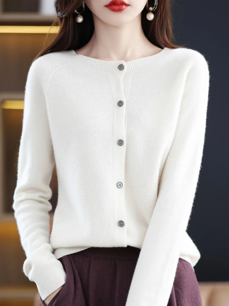 New Fashion Spring 100% Merino Wool Womens O-neck Cardigan Cashmere Sweater 2024 Female Clothing Grace Knitwear Korean Tops - Image 18