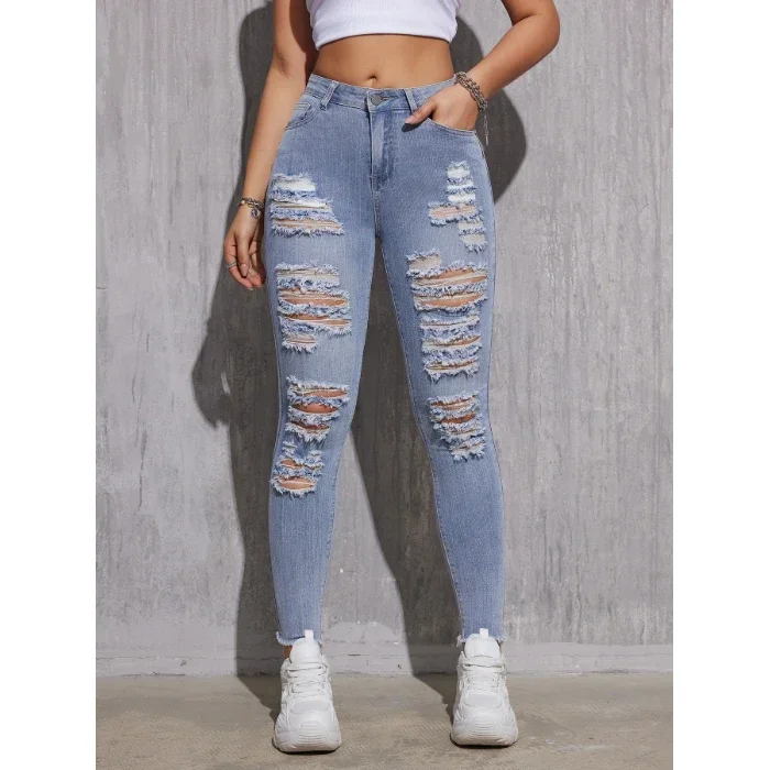 Women Ripped Jeans Cotton Skinny Stretch Lady High Waist Hole Denim Pants Fashion Solid Color Sexy Pencil Trousers - Image 7