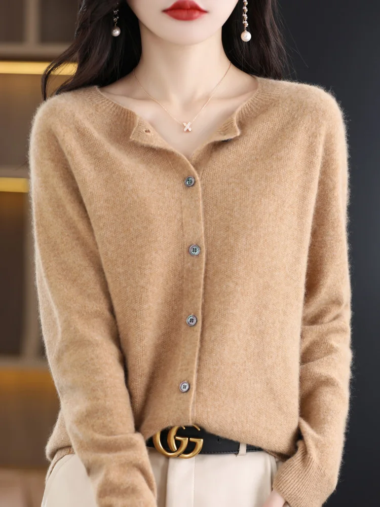 New Fashion Spring 100% Merino Wool Womens O-neck Cardigan Cashmere Sweater 2024 Female Clothing Grace Knitwear Korean Tops - Image 13