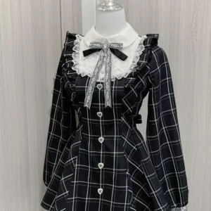 Harajuku Sweet Bow Black Plaid Dresses All-match Slim Fit Kawaii Lolita Dress for Women Autumn New Long Sleeve Vestidos De Mujer
