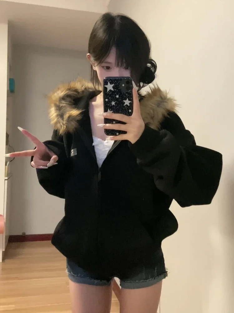 Deeptown Women Black Zip Up Hoodies Vintage Korean Preppy Style Faux Fur Coat Oversized Casual Sweatshirt Harajuku Autumn Winter - Image 6