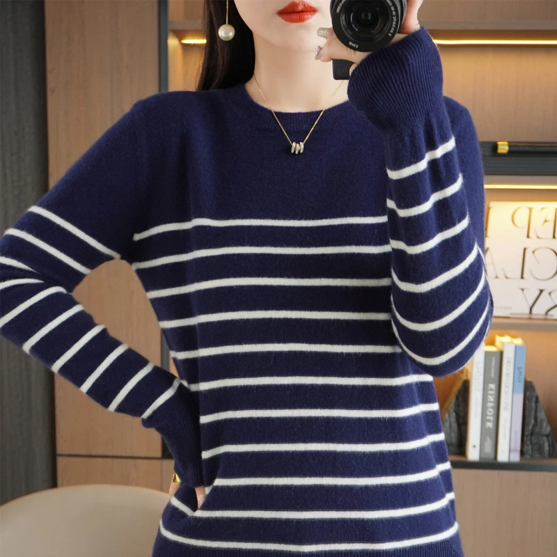 Spring Women's Pullover Sweater Striped Two-Color Sweater Long Sleeve Crewneck New 100% Cotton Pullover Sweater For Women-SMY257 - Image 4