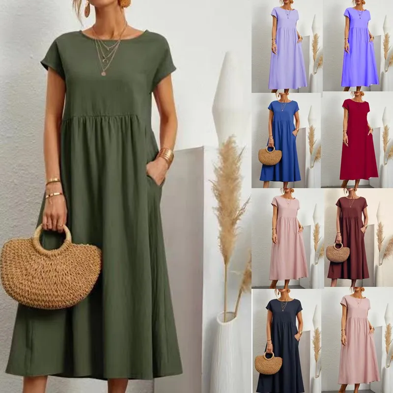 Women Vintage Solid Dress 2023 Summer Elegant O Neck Short Sleeve Cotton Linen Dresses Female Casual Loose Sundress Long Dress - Image 2