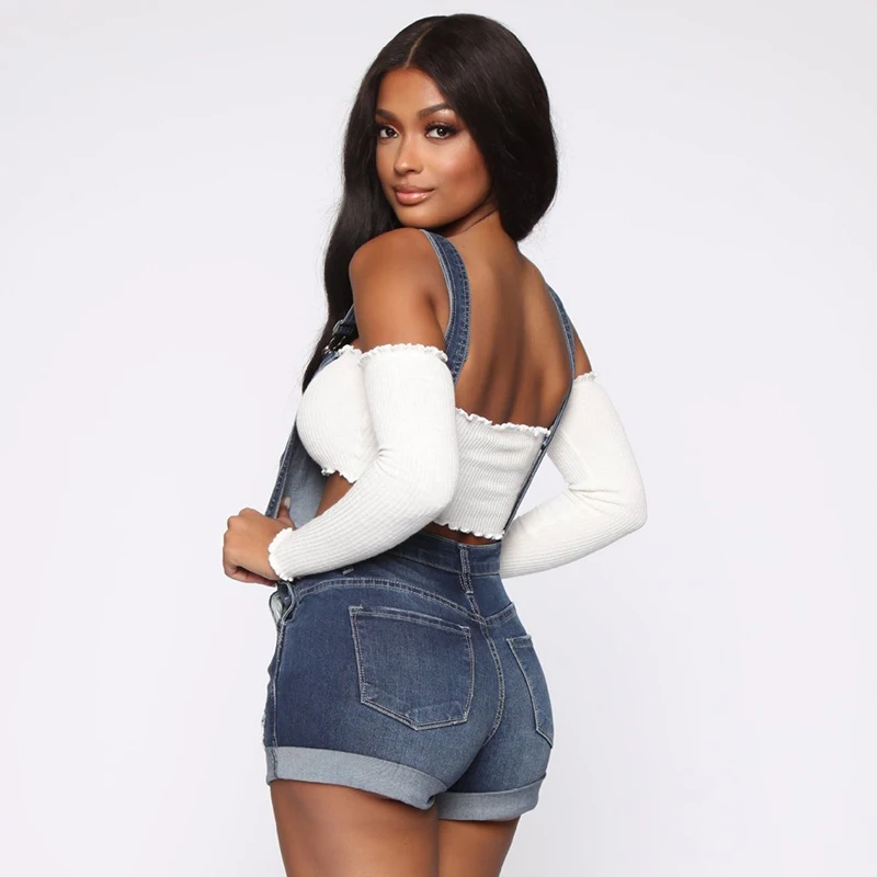 New Summer Women Shorts Overalls Ripped Jeans Lady Sexy Stretch Rompers Denim Pants Lady Cross Strap Jumpsuit Casual Bodysuits - Image 5