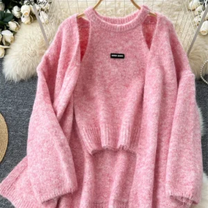 SINGREINY Fashion Solid Cashmere Sweater Long Sleeves Loose Warm Cardigan+Sleeveless Knitting Tank Top Winter Gentle Casual Tops