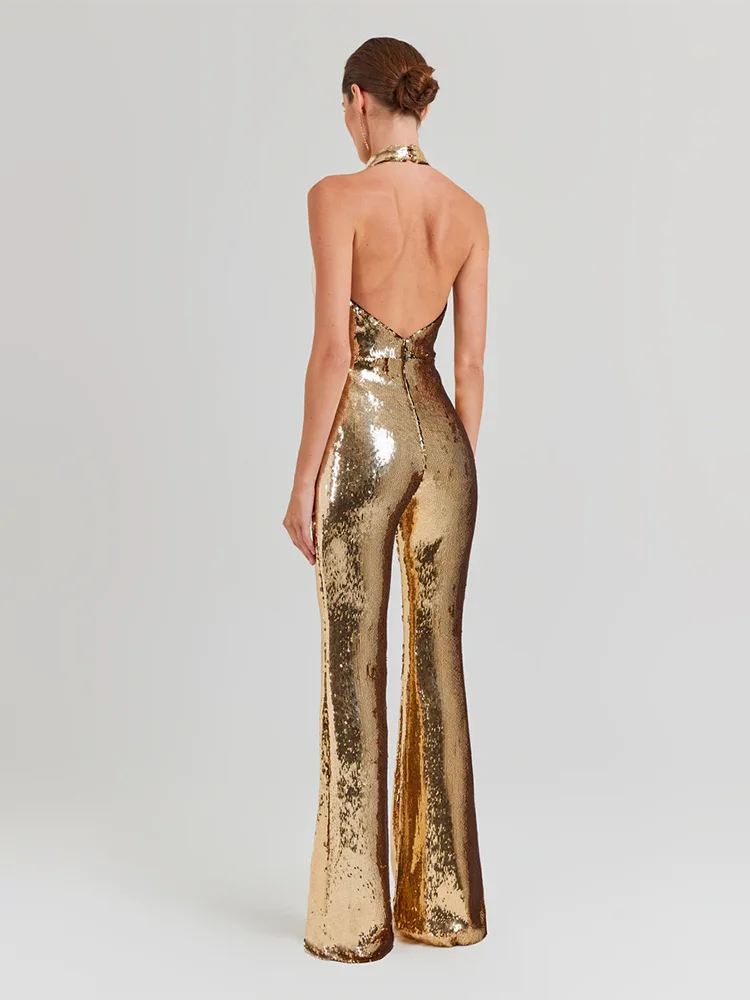 Women's Sleeveless Gold Sequin Jumpsuit Sexy V Neck Sparkle Sequined High Waist Wide Leg Pants Jumpsuit Celebrity Evening Party - Image 4