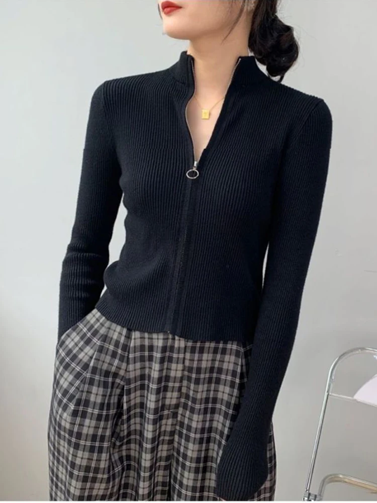 Autumn Zipper Cardigan Women Sweaters Knitted Long Sleeve Stand-up Collar Tops Korean Fashion Short Sweater for Female - Image 4