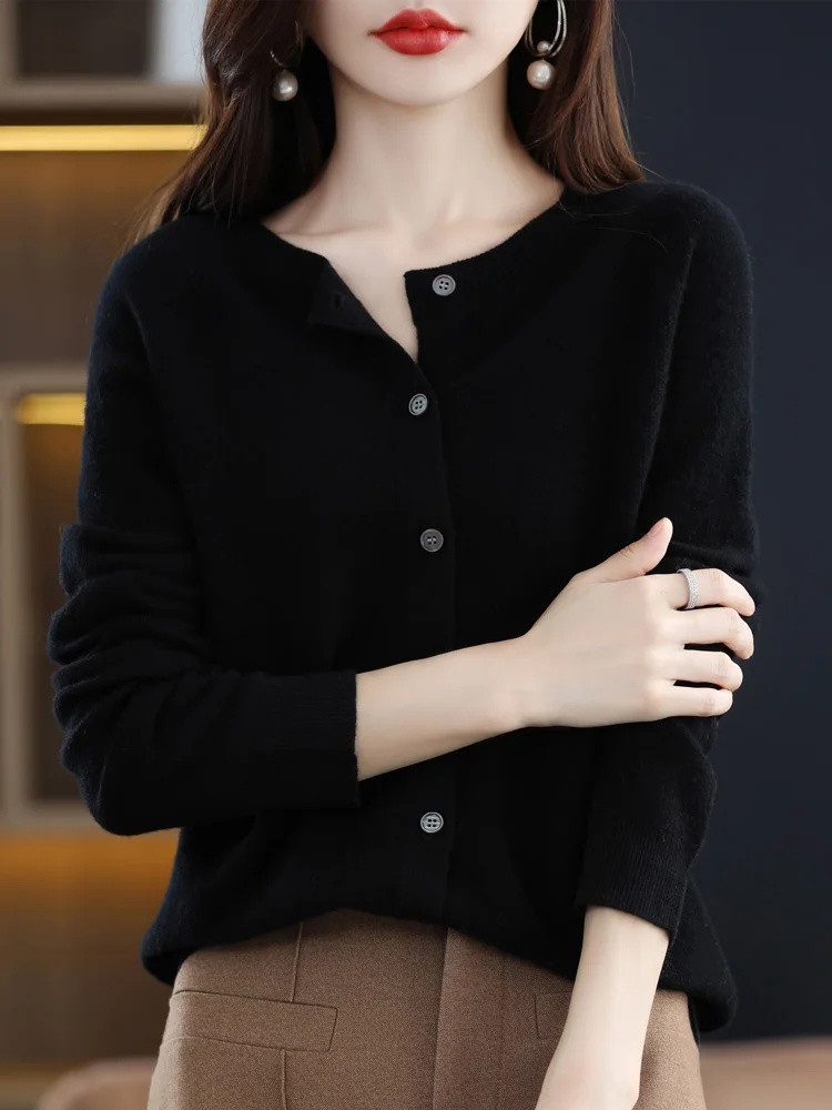 New Fashion Spring 100% Merino Wool Womens O-neck Cardigan Cashmere Sweater 2024 Female Clothing Grace Knitwear Korean Tops - Image 14