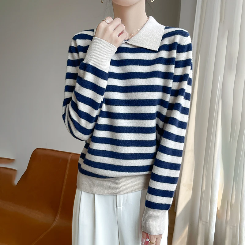 Autumn Winter Woman 100% Merino Wool Sweater POLO Collar Pullover Colorful Stripes Knitwear Bottoming Clothing Long Sleeve Tops - Image 4