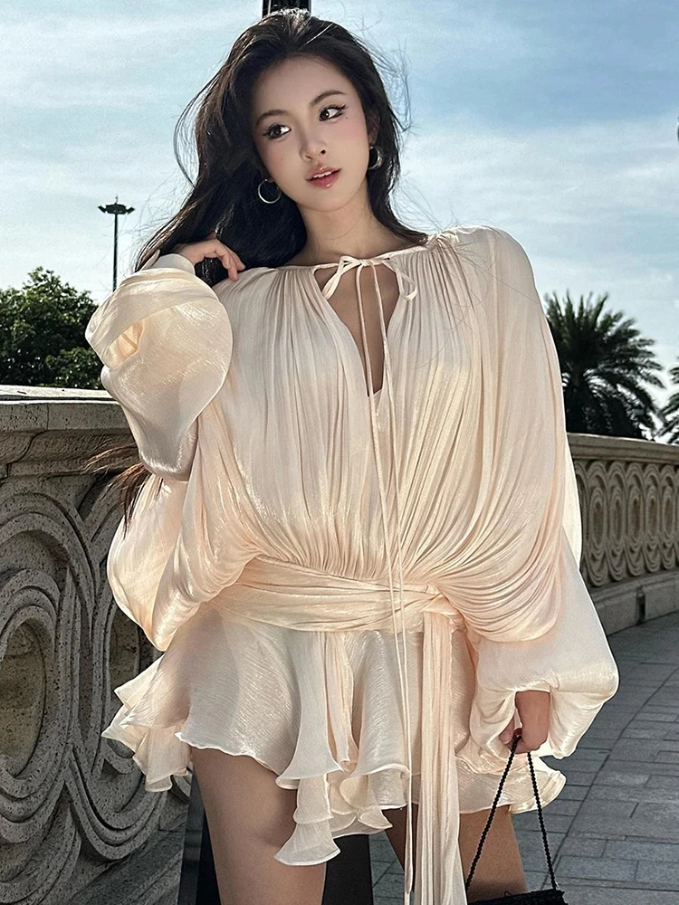 TWOTWINSTYLE Elegant Ruched Mini Dress For Women Round Neck Lantern Long Sleeve High Waist Temperament Dresses Female Fashion - Image 6