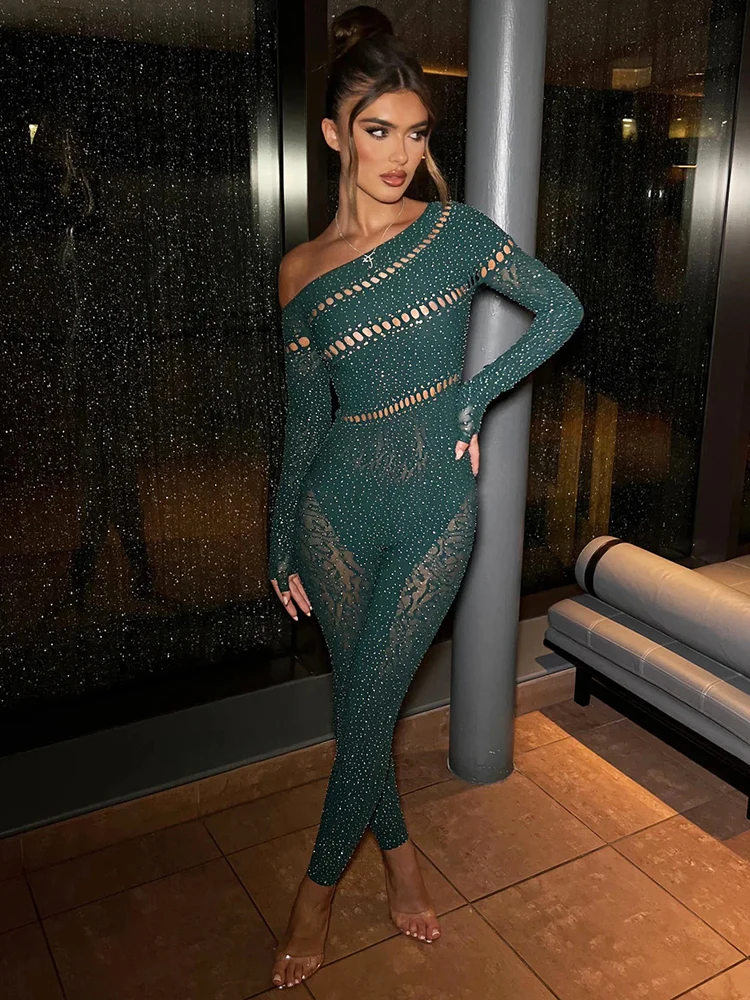Sibybo Off Shoulder Long Sleeve Jumpsuits Women Fashion Rhinestones High Stretch Hollow Out Sexy Overalls Sparkly Party Rompers - Image 3