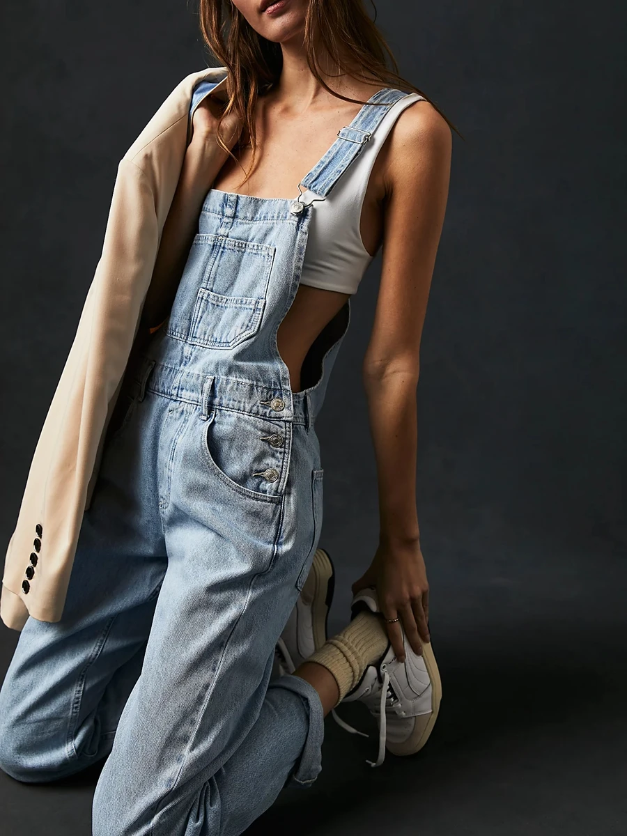 Casual Women Summer Vintage Retro Denim Long Jumpsuit Spaghetti Strap Straight Romper Pants Baggy Bib Overalls Jumpsuits - Image 5