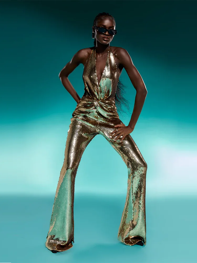 Women's Sleeveless Gold Sequin Jumpsuit Sexy V Neck Sparkle Sequined High Waist Wide Leg Pants Jumpsuit Celebrity Evening Party - Image 6